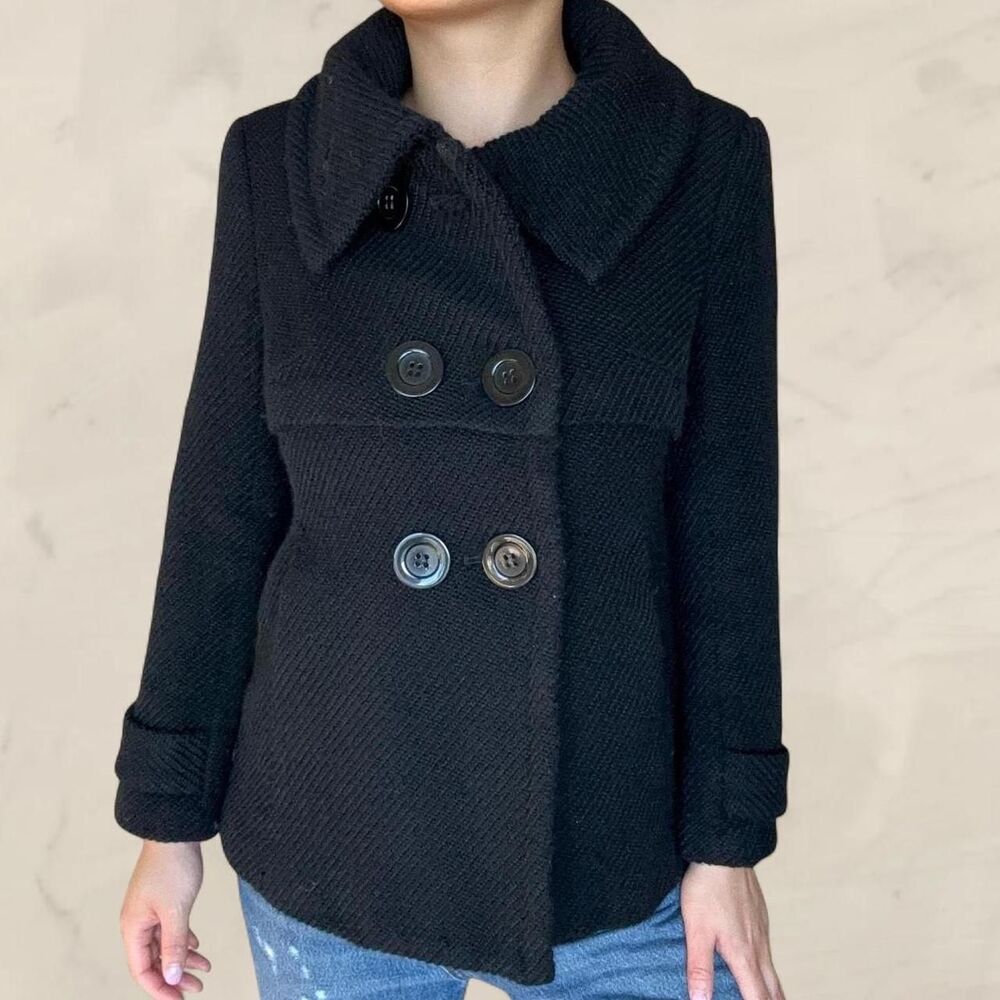 Trina Turk Black Double-Breasted Textured Pea Coat